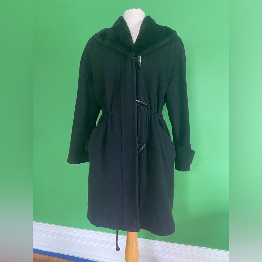 Vintage Burberrys black wool cashmere draestring waist faux fur collar coat